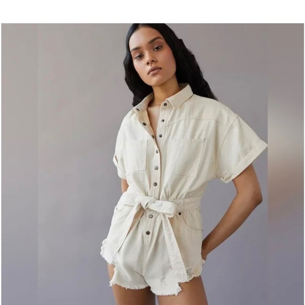 BDG Urban Outfitters Cream Denim Romper Button Front Tie Waist Distressed S-P